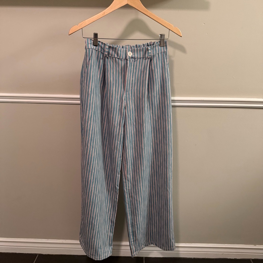 Renattago Italy Striped Wide Leg Pants Teal High Waist Size 6